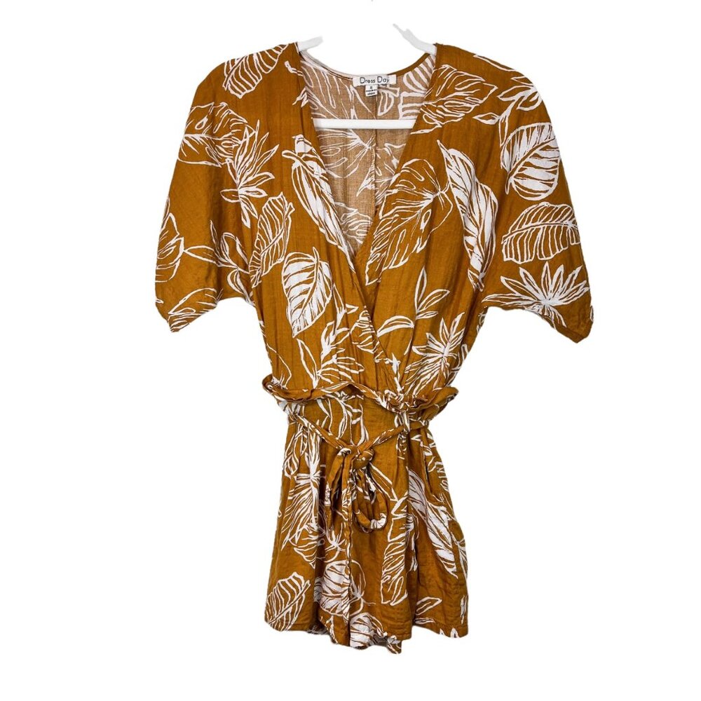 Dress Day Romper S Womens Yellow Leaf Print Short Sleeve Jumper‎ Size Small